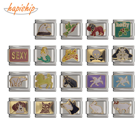 Happish – Bracelet Original en acier inoxydable, 9mm de largeur, marguerite, sirène, licorne, crâne, chien, ours, lion, breloque italienne, fabrication de maillons, DJ42 ► Photo 1/6