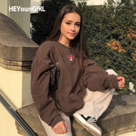 HEYounGIRL – Sweat-Shirt décontracté à col ras du cou pour femmes, pull imprimé à manches longues, Streetwear coréen, Y2K, marron, mode d'automne ► Photo 1/6