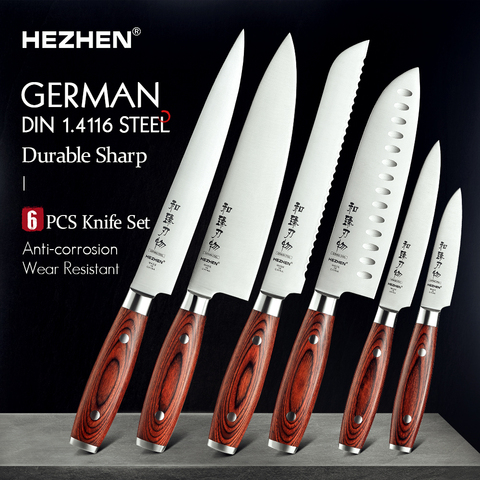 HEZHEN 1-6PC ensembles de couteaux sculpture Chef pain Santoku utilitaire Paring Pakka manche en bois et acier inoxydable Rivet outil de cuisine ► Photo 1/6