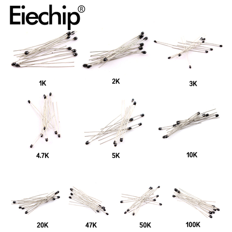 100 pcs/lot Kit de résistance thermique 10 valeurs NTC thermistance NTC-MF52AT résistances ensemble 1K 2K 3K 4.7K 5K 10K 20K 47K 50K 100K 5% 3950B ► Photo 1/5