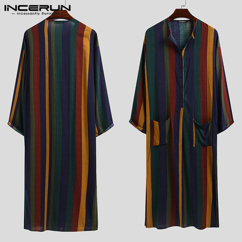 INCERUN hommes ethnique Robe Vintage rayé à manches longues caftan musulman Robe O cou boutons Jubba Thobe poches Dubai arabe vêtements ► Photo 1/6