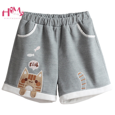 Short en laine et cachemire pour femmes, vêtement pour adolescentes, chat mignon, dessin animé brodé, bottes mignonnes, bleu marine, Kawaii, hiver ► Photo 1/6