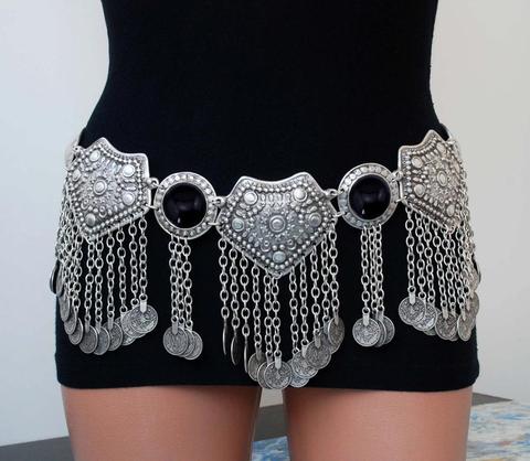 Ceinture de robe Vintage ethnique Hippie, pierre noire, bijoux turcs et indiens, pour danse du ventre, chaîne de taille, pièces de monnaie, corps sexy ► Photo 1/6