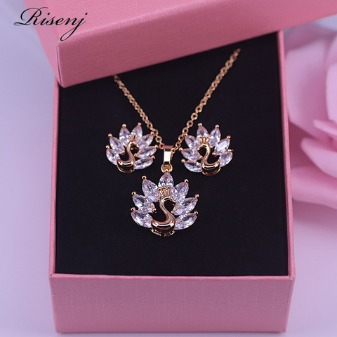 Cadeau romantique pour femmes, haut paon blanc en Zircon et cristal, Costume en or 18 carats, ensemble de bijoux boucles d'oreilles et collier avec pendentif ► Photo 1/6