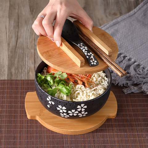 Bol en céramique noire avec couvercle cuillère bol à nouilles instantanée bol à soupe coréenne bol à riz étudiant cantine restaurant vaisselle japonaise ► Photo 1/5