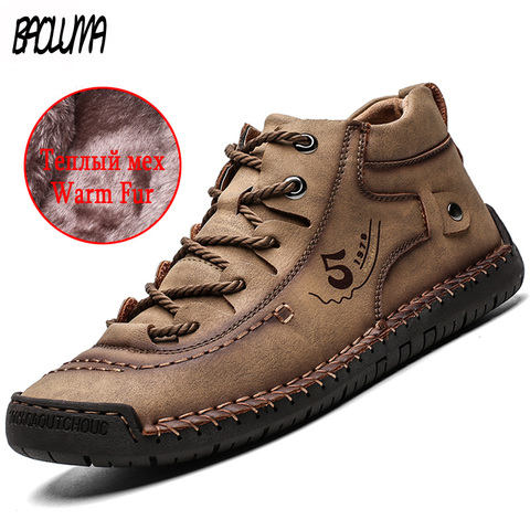 Classique hiver hommes bottes respirant hommes bottines épais en peluche chaud neige bottes en cuir automne en plein air homme moto bottes ► Photo 1/6