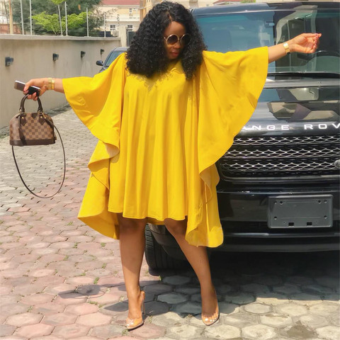 Robe ample jaune grande taille pour femme, col rond plissé, manches chauve-souris, couleur unie, mode africaine décontractée, printemps été ► Photo 1/6