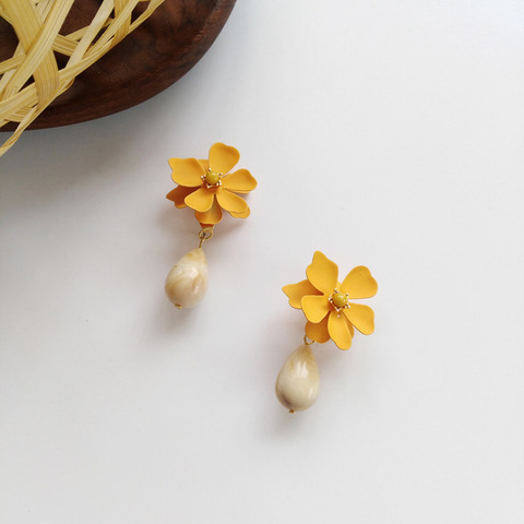 Boucles d'oreilles à Clip sans trou, Style coréen doux rétro fleur, Vintage pétale jaune fleur à Clip, sans perçage ► Photo 1/6