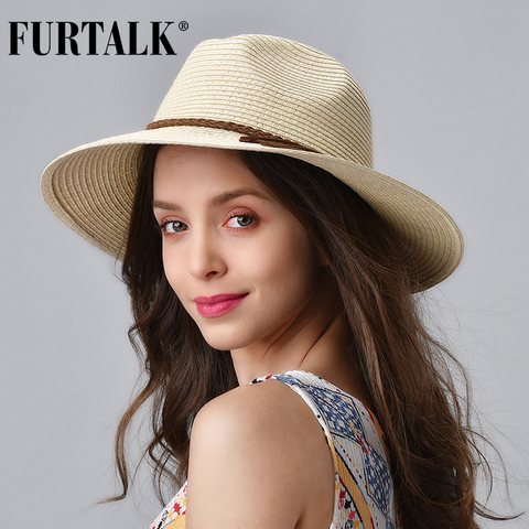 FURTALK-chapeau en paille d'été pour femmes, Panama, pour la plage, idéal pour le soleil, à grand bord, Protection UV, 2022 ► Photo 1/6