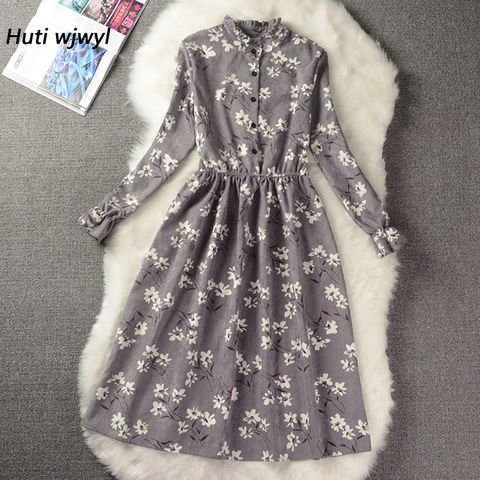 Robe mi-longue en velours côtelé, taille haute élastique, Vintage, manches longues, motif Floral, moulante, Sexy, fête, 25 couleurs, automne hiver ► Photo 1/6