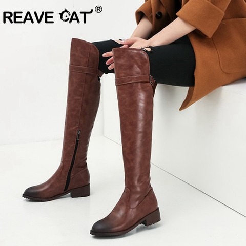 REAVE CAT – bottes hautes carrées à talons hauts pour femmes, chaussures d'hiver en cuir à plateforme, grande taille 46, 2022 ► Photo 1/6