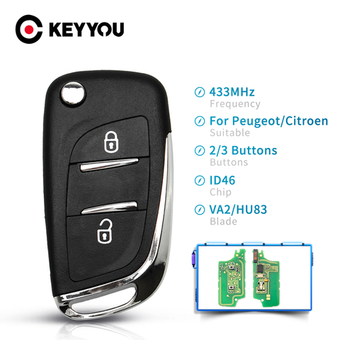 KEYYOU-clé télécommande ID46, 433Mhz, FSK, pour voiture Peugeot 407, 407, 307 et citroën C2, C3, C4, C5, C6, C8, 2/3 boutons (CE0536) ► Photo 1/6