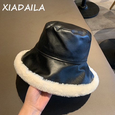 2022 automne hiver seau chapeaux femmes PU cuir Panama chapeau épais chaud en peluche pêcheur casquette pour fille sertissage bassin chapeau kapelusz ► Photo 1/6