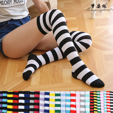 Chaussettes pour femmes, haut des cuisses, plus haut que le genou, longues rayures imprimées, chaussettes hautes, mignonnes, mode kawaii, pour dames ► Photo 1/6