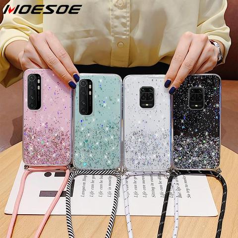 Coque scintillante transparente avec sangle de cou pour Xiaomi, compatible modèles Redmi Note 9, 9s, 8T, 8 Pro, 7, 9A, 9C, Mi Note 10 Lite, 10T, 9T, Poco X3, M3, F2, Pro, A3 ► Photo 1/6