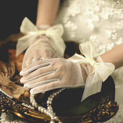 Femmes dentelle maille gants dames blanc poignet gants grand nœud noeud mariage gant fête Cosplay accessoires ► Photo 1/5