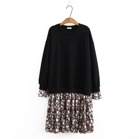 Grande Taille Femme Automne Et Hiver Nouveau 2022 Couture Ample Floral à Manches Longues Faux Robe Sweat En Deux pièces ► Photo 1/6