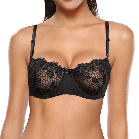 Vgplay – soutien-gorge en maille et dentelle pour femmes, sous-vêtement transparent, noir, Sexy, sans doublure, broderie florale, à armatures, demi-tasse ► Photo 1/6