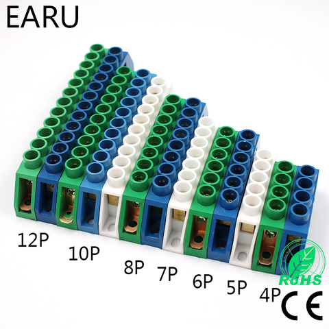 Conception de pont bleu blanc vert, ligne zéro 4-12 pôles, vis en laiton, bande de mise à la terre en cuivre, bornier connecteur terre et neutre ► Photo 1/6