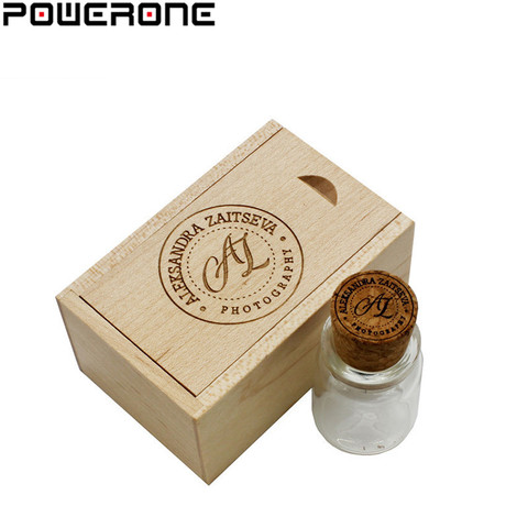 Bouteille de souhait en verre Powerone avec bouchon en liège + boîte en bois clé USB bouteille à la dérive pendrive 4 GB 8 GB 16 GB 32 GB 64 GB cadeau pour les amoureux ► Photo 1/6