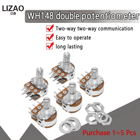 Potentiomètres WH148 à arbre 6 broches, 5 pièces, B1K B2K B5K B10K B20K B50K B100K B500K B1M 1K 2K 5K 10K 20K 50K 100K 500K 1M ► Photo 1/6