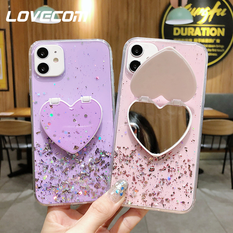 LOVECOM coeur miroir paillettes paillettes coque de téléphone pour iPhone 12 Mini 12 11 Pro Max XR X XS Max 7 8 6S Plus couverture arrière époxy souple ► Photo 1/6