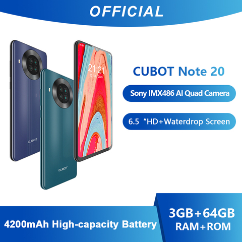 Cubot Note 20 Smartphone arrière Quad caméra NFC Google Android 10 6.5 pouces 4200mAh double carte SIM téléphone 4G LTE 3GB + 64GB celulaire ► Photo 1/6