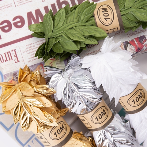 Ruban vert naturel en Satin 10 mètres/rouleau, nœuds cadeaux, artisanat, imprimé de feuilles d'arbre, décoration de fête de mariage ► Photo 1/6