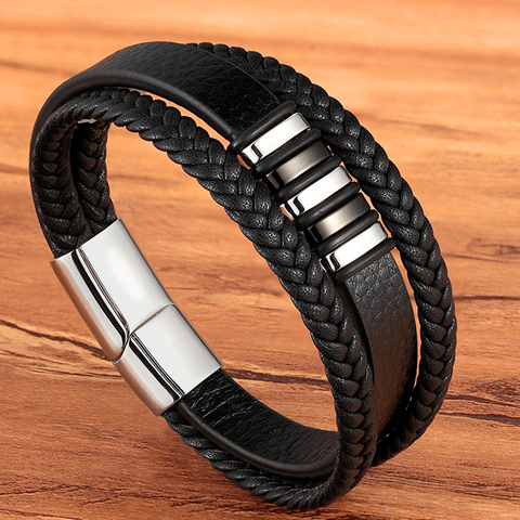 Mode acier inoxydable breloque magnétique noir hommes Bracelet en cuir véritable tressé Punk Rock bracelets bijoux accessoires ami ► Photo 1/6