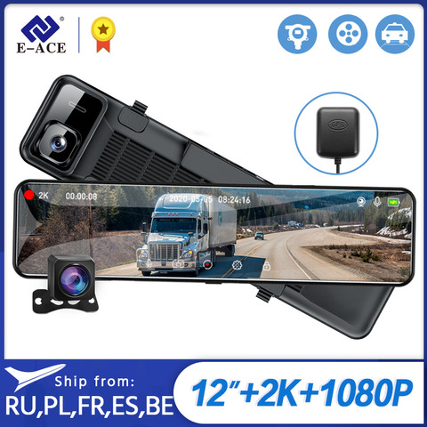 E-ACE A46 2K voiture tableau de bord caméra miroir 12 pouces tactile enregistreur de conduite Vision nocturne Dashcam DVRs soutien GPS 1080P caméra arrière ► Photo 1/6