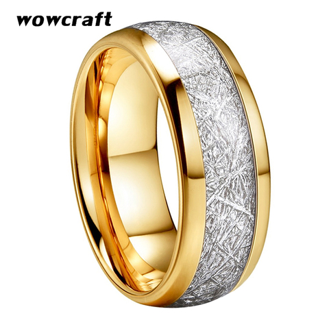 Bague de mariage en tungstène doré, 8mm, incrustée de météorites, bague de fiançailles polie et brillante, en forme de dôme, pour hommes et femmes, avec ajustement confortable ► Photo 1/6