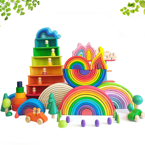 Jouets 3D en bois pour enfants, blocs de construction arc-en-ciel, empileur arc-en-ciel, jouets éducatifs Montessori créatifs de grande taille ► Photo 1/6