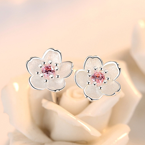 Boucles d'oreilles en argent Sterling 925, bijoux pour femmes, boucles d'oreilles simples et populaires, incrustées de fleurs de cerisier, en Zircon rose ► Photo 1/6