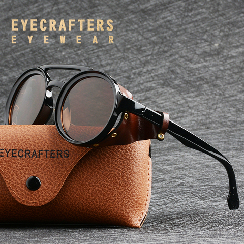 Eyecrafters hommes Steampunk lunettes de soleil lunettes de soleil femmes rétro nuances mode cuir avec boucliers latéraux Style rond lunettes de soleil ► Photo 1/6