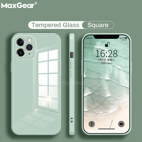 Coque en verre trempé pour iPhone, étui de protection arrière rigide en Silicone liquide, pour iPhone 12 Mini 11 Pro X XS Max XR SE 2 7 8 Plus ► Photo 1/6