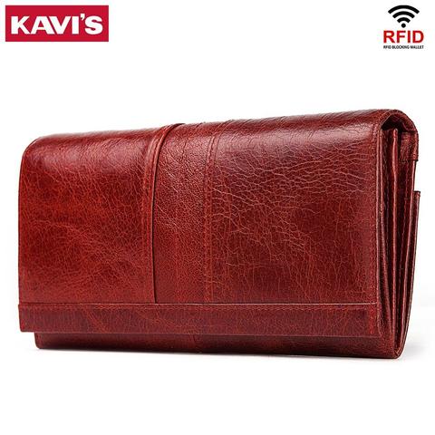 KAVIS – Long porte-monnaie pratique en cuir véritable pour femme, pochette pour argent, sac à main, pour passeport, avec support pour téléphone portable et carte ► Photo 1/6