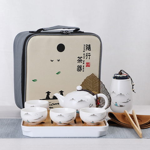 Théière en céramique quatre tasses, théière Kung Fu de voyage en plein air, sac fourre-tout, ensemble de tasses de voyage, service à thé chinois ► Photo 1/5