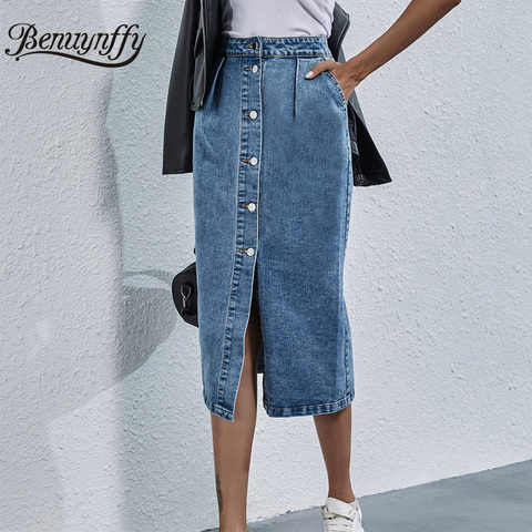 Benuynffy – jupe en jean droite à simple boutonnage, longueur aux genoux, Streetwear décontracté, poches, taille haute, nouvelle collection ► Photo 1/6