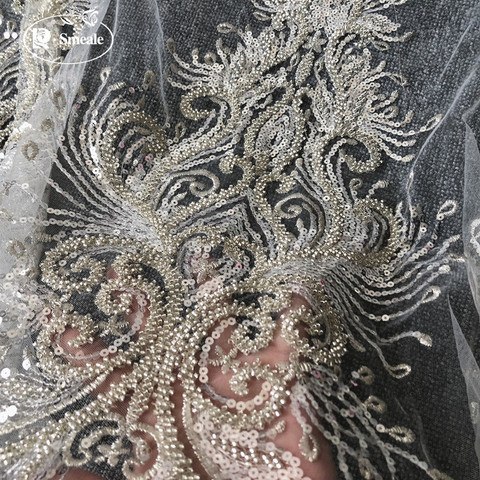 3 Appliques de collier de paillettes de broderie perlée d'argent de conception, accessoires de fleur de robe de mariage et de soirée RS2888 ► Photo 1/6