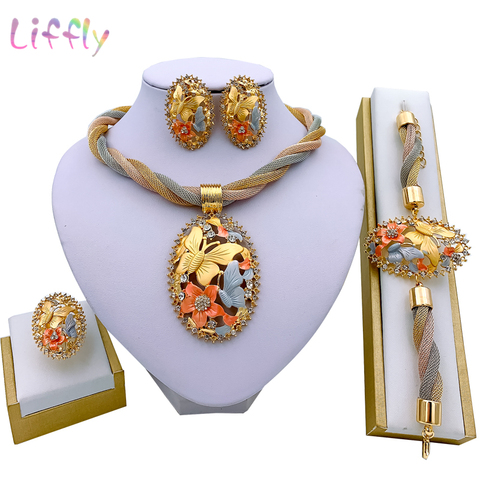 Collier breloque africain, boucles d'oreilles en or dubaï, ensembles de bijoux pour Bracelet de mariée, bague, pendentif, mariage, ensemble de bijoux pour femmes ► Photo 1/6