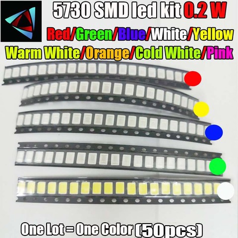 50pcs SMD 5730 5630 0.2W Diode LED Kit 10 valeurs rouge/vert/bleu glace/blanc/jaune/blanc chaud/Orange/rose/or froid kit LED ► Photo 1/1