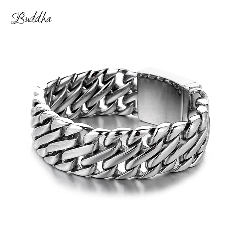 Bracelet à Double gourmette en chaîne cubaine pour hommes, en acier inoxydable 316L, couleur argent, ton 23mm, Bracelet bouddha avec Logo ► Photo 1/6