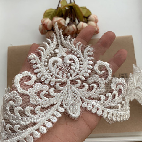 Dentelle perlée 2 mètres/lot, voile de mariage à faire soi-même, tissu blanc ivoire, largeur 12.5cm, RS2704 ► Photo 1/4