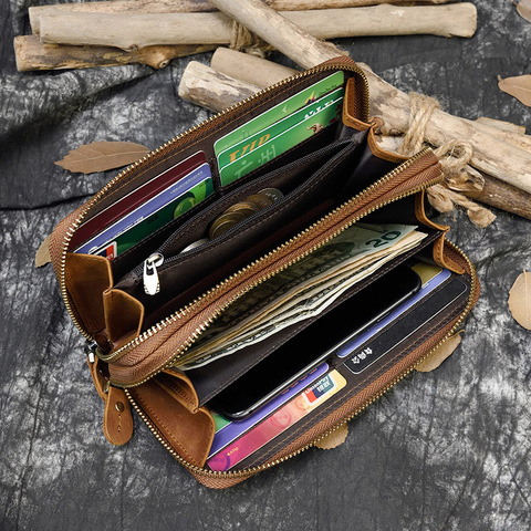 Portefeuille Vintage à Double fermeture éclair pour hommes, porte-cartes en cuir véritable crazy horse, pochette pour téléphone, pochette pour pièces de monnaie ► Photo 1/1