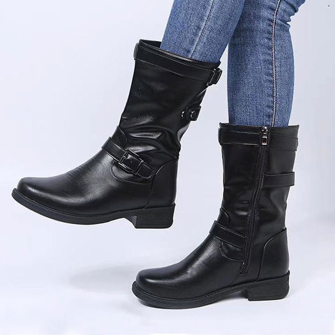 Femmes boucle mi-mollet bottes femme bas talon carré fermeture éclair demi bottes 2022 femme automne hiver Pu chaussures plates noir gris taille 43 ► Photo 1/6