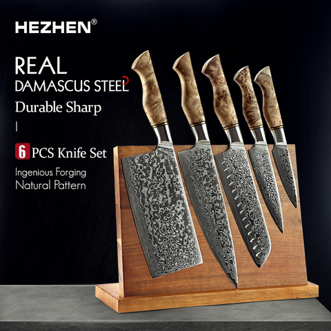 HEZHEN 6PC ensemble de couteaux de cuisine professionnel damas Super acier Chef Paring Santoku cuisine de cuisine forte avec support magnétique ► Photo 1/6