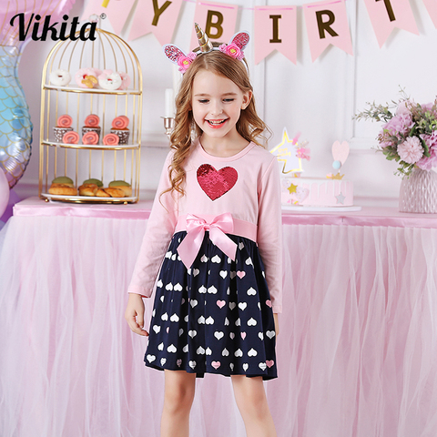 VIKITA robe en coton à manches longues filles robes de princesse bébé fille vêtements noeud papillon fête paillettes robes fille vêtements décontractés ► Photo 1/6