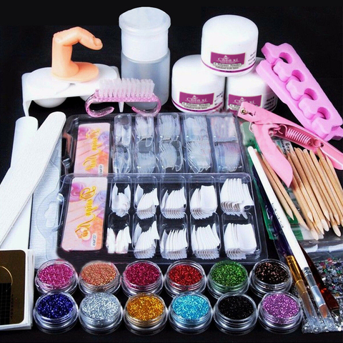 Kit d'ongle acrylique poudre paillettes Art des ongles manucure strass outil conseils brosse ► Photo 1/6