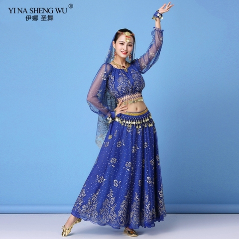 Ensemble Costume de danse indienne Bollywood pour femme, vêtements de Performance en mousseline de soie, haut + jupe + chaîne à la taille, 8 pièces ► Photo 1/6