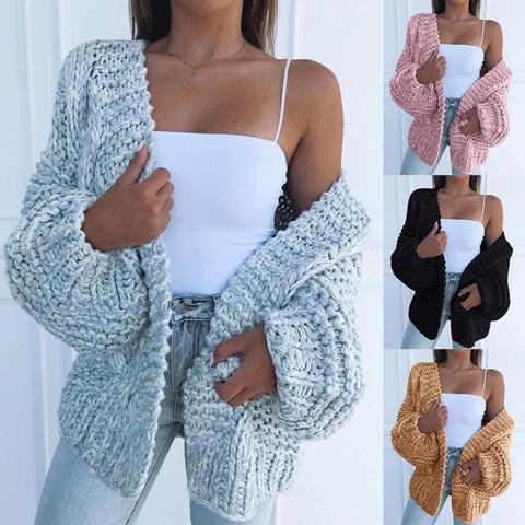 Cardigan épais pour femmes, à la mode, couleur unie chaude, manteau avant ouvert en Polyester et Spandex, pull chaud et assorti, hiver ► Photo 1/6